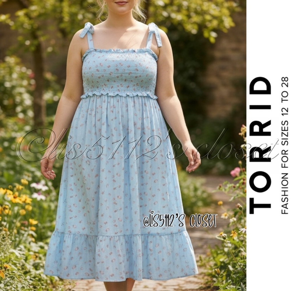 Torrid Light Blue Peach Print Challis Smocked Midi Dress 2X 18 20